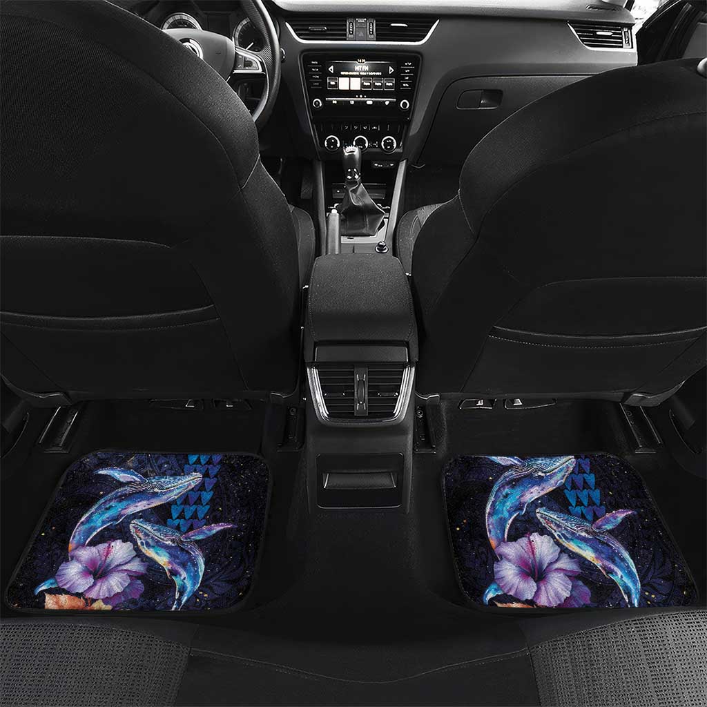 Hawaiian Whales Love Couple Car Mats Hibiscus and Kakau Art Tattoo Night Sky Vibe LT03 Set 2pcs - Back Navy - Polynesian Pride