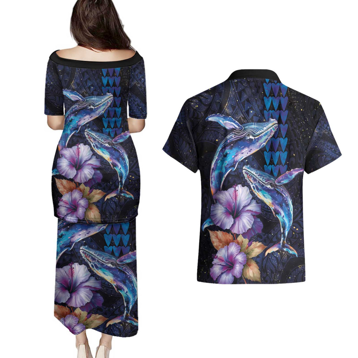 Hawaiian Whales Love Couple Couples Matching Puletasi and Hawaiian Shirt Hibiscus and Kakau Art Tattoo Night Sky Vibe LT03 - Polynesian Pride