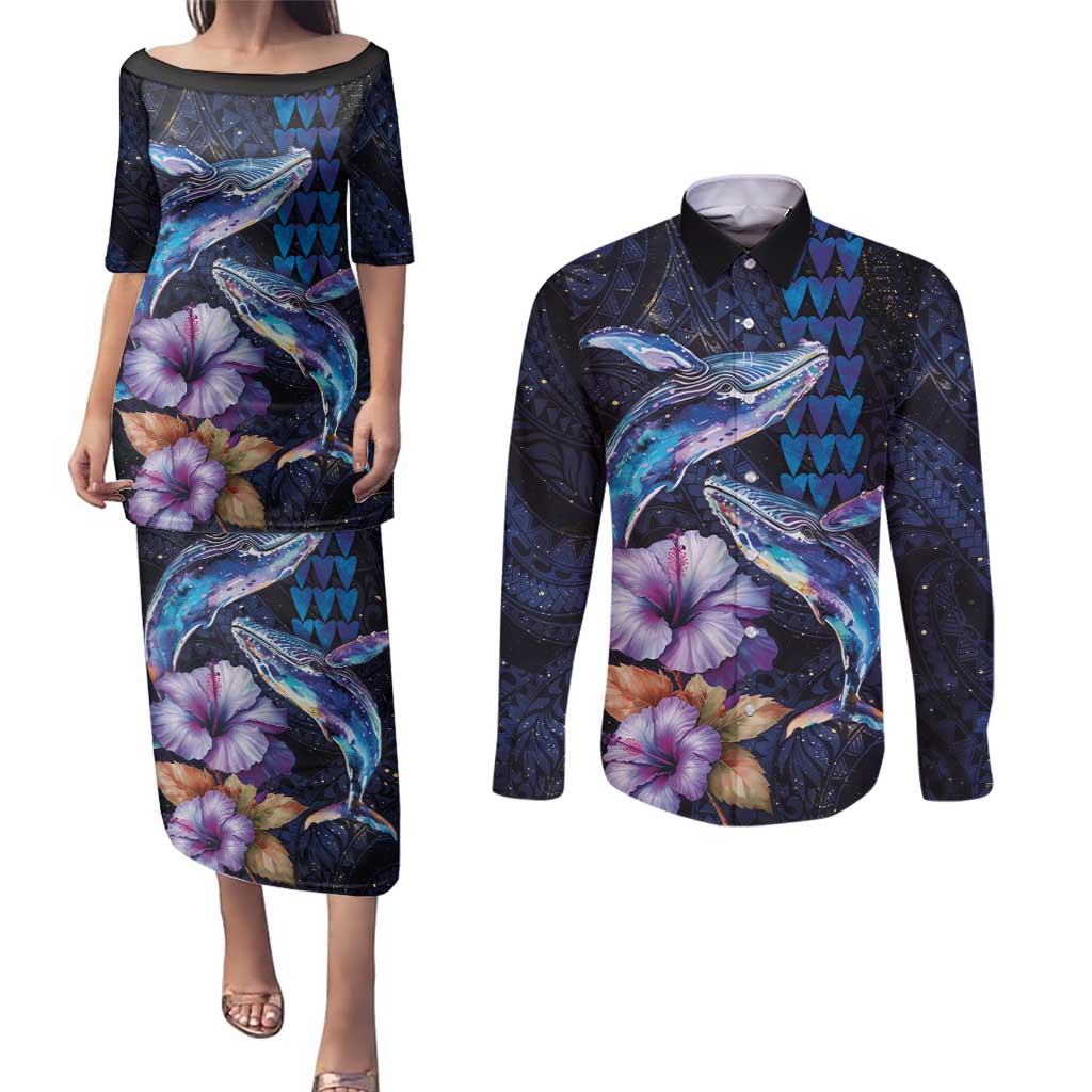 Hawaiian Whales Love Couple Couples Matching Puletasi and Long Sleeve Button Shirt Hibiscus and Kakau Art Tattoo Night Sky Vibe LT03 Navy - Polynesian Pride