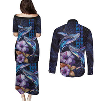 Hawaiian Whales Love Couple Couples Matching Puletasi and Long Sleeve Button Shirt Hibiscus and Kakau Art Tattoo Night Sky Vibe LT03 - Polynesian Pride
