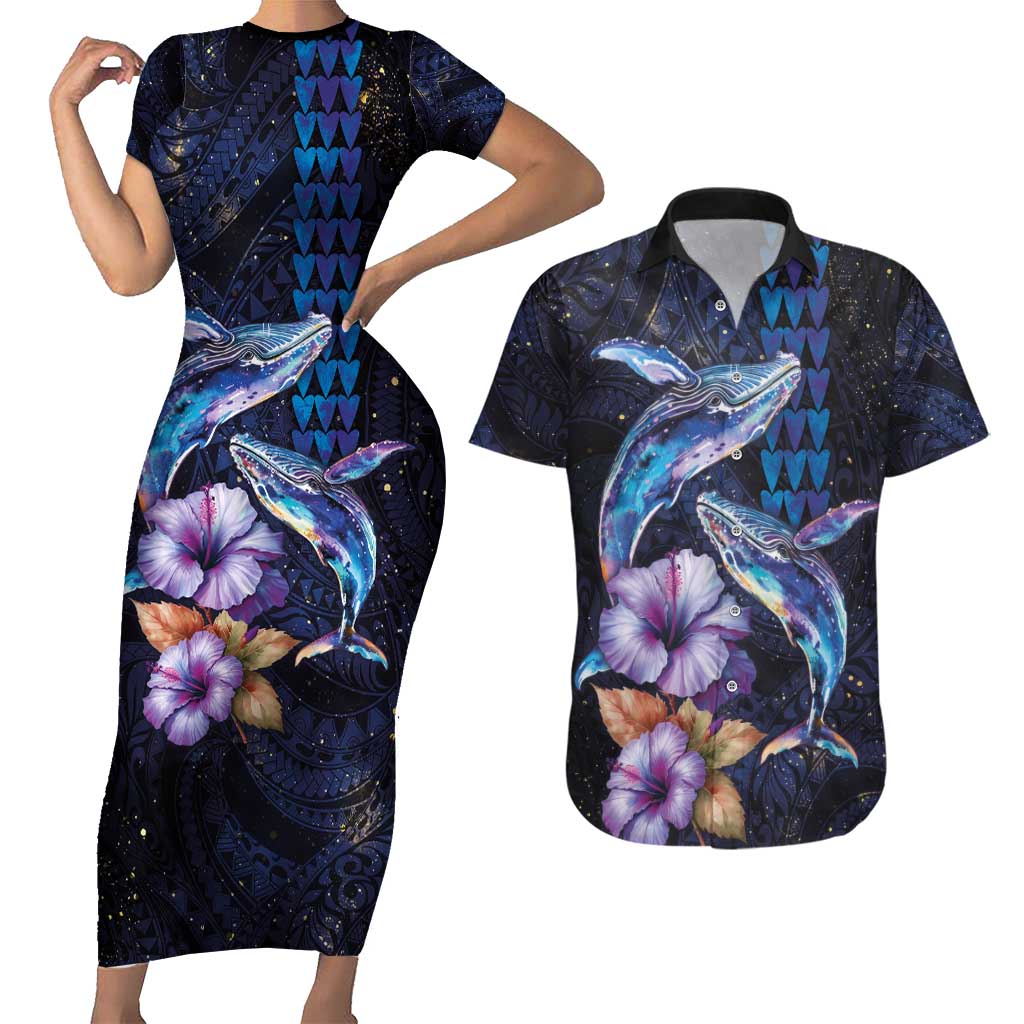 Hawaiian Whales Love Couple Couples Matching Short Sleeve Bodycon Dress and Hawaiian Shirt Hibiscus and Kakau Art Tattoo Night Sky Vibe