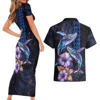 Hawaiian Whales Love Couple Couples Matching Short Sleeve Bodycon Dress and Hawaiian Shirt Hibiscus and Kakau Art Tattoo Night Sky Vibe