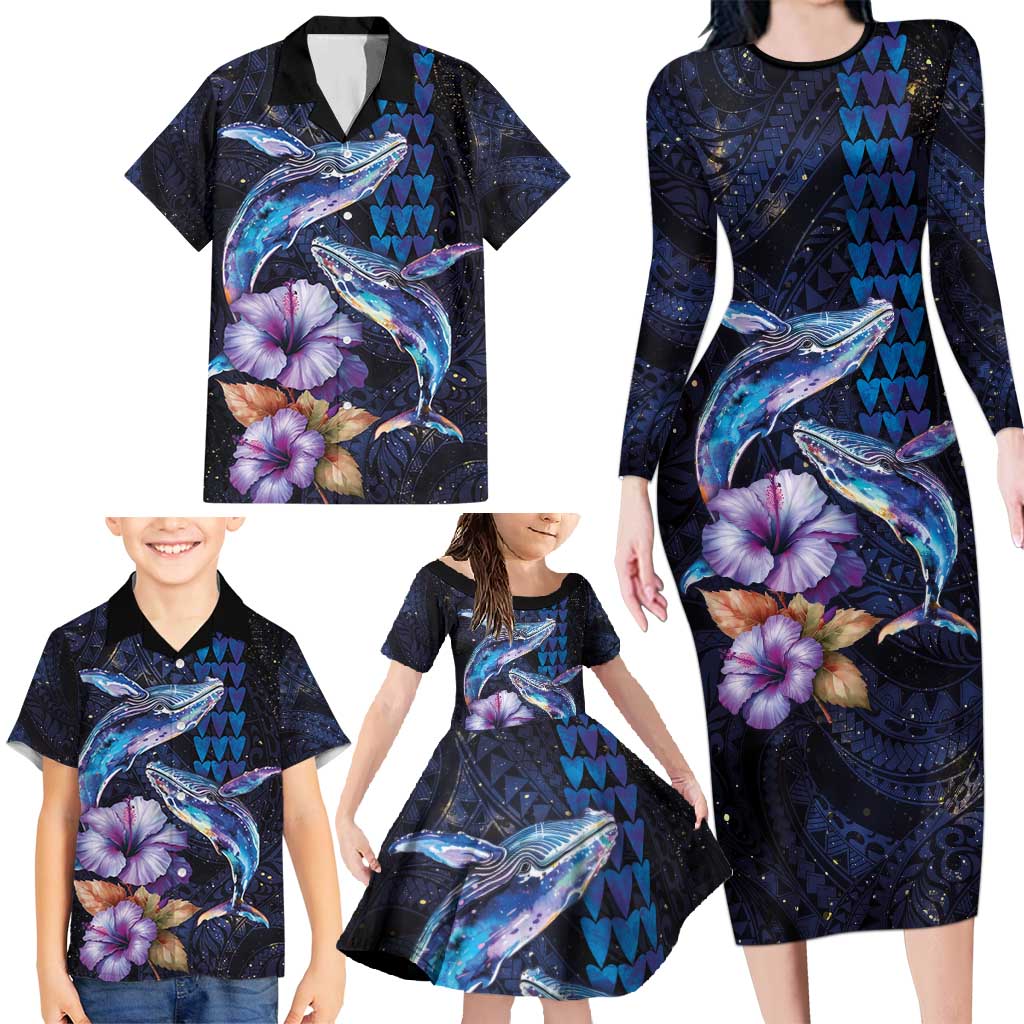 Hawaiian Whales Love Couple Family Matching Long Sleeve Bodycon Dress and Hawaiian Shirt Hibiscus and Kakau Art Tattoo Night Sky Vibe