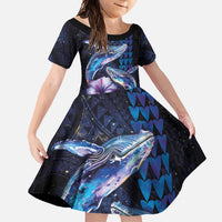 Hawaiian Whales Love Couple Family Matching Mermaid Dress and Hawaiian Shirt Hibiscus and Kakau Art Tattoo Night Sky Vibe LT03 Daughter's Dress Navy - Polynesian Pride