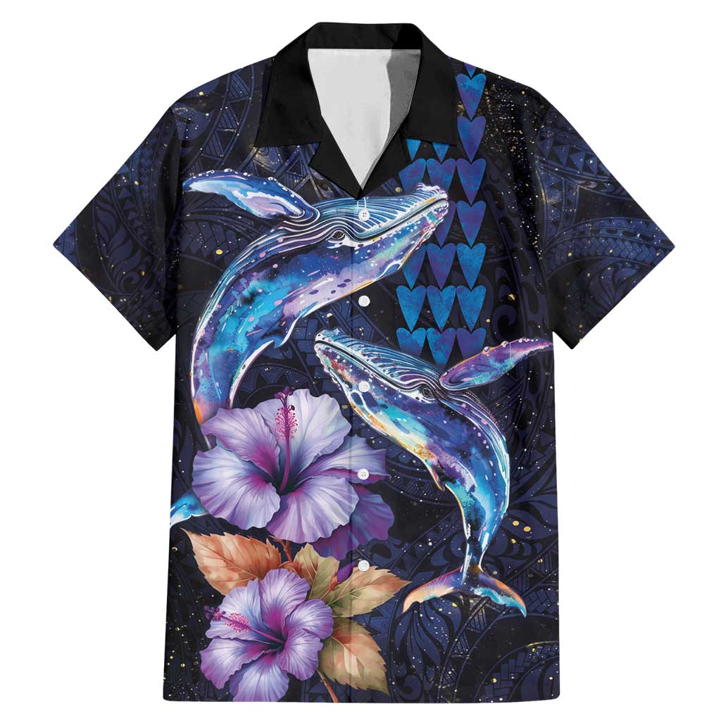 Hawaiian Whales Love Couple Family Matching Mermaid Dress and Hawaiian Shirt Hibiscus and Kakau Art Tattoo Night Sky Vibe LT03 Dad's Shirt - Short Sleeve Navy - Polynesian Pride