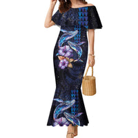 Hawaiian Whales Love Couple Family Matching Mermaid Dress and Hawaiian Shirt Hibiscus and Kakau Art Tattoo Night Sky Vibe LT03 Mom's Dress Navy - Polynesian Pride