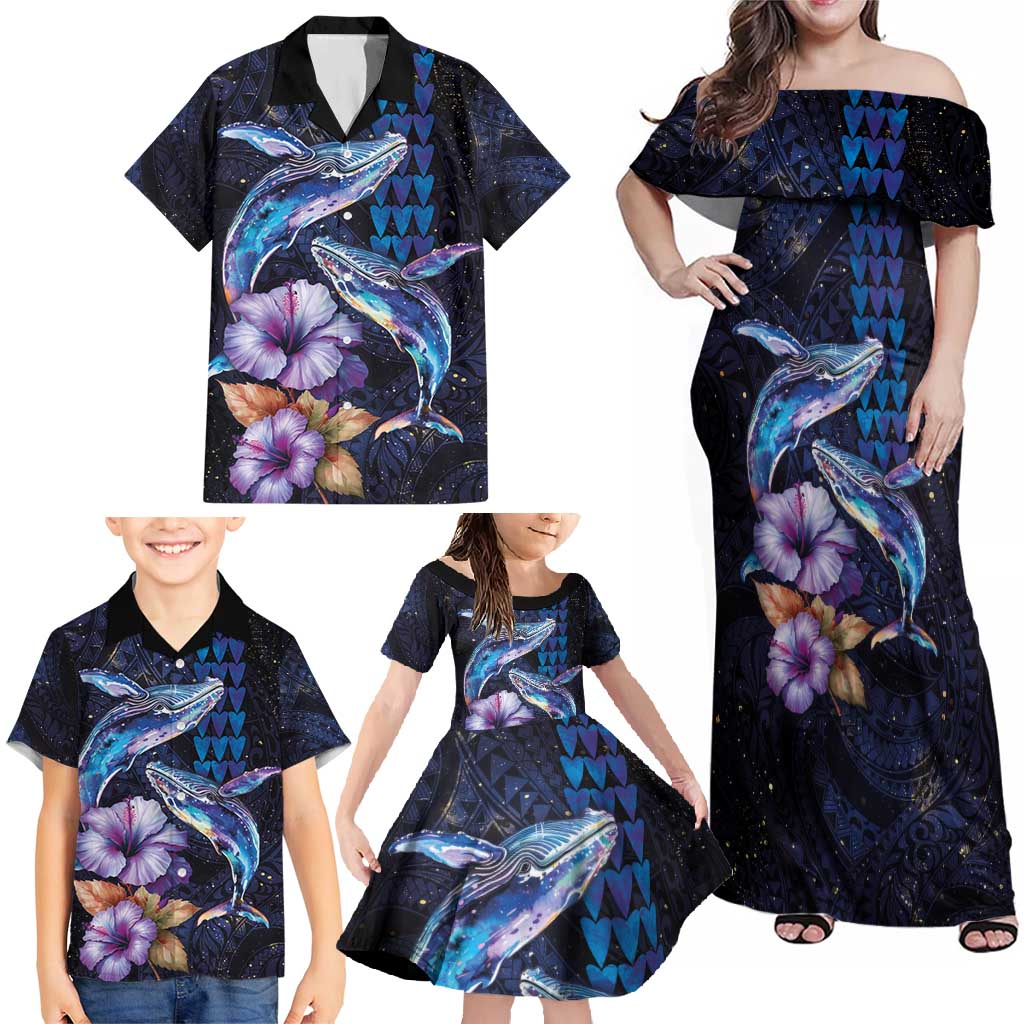 Hawaiian Whales Love Couple Family Matching Off Shoulder Maxi Dress and Hawaiian Shirt Hibiscus and Kakau Art Tattoo Night Sky Vibe LT03 - Polynesian Pride