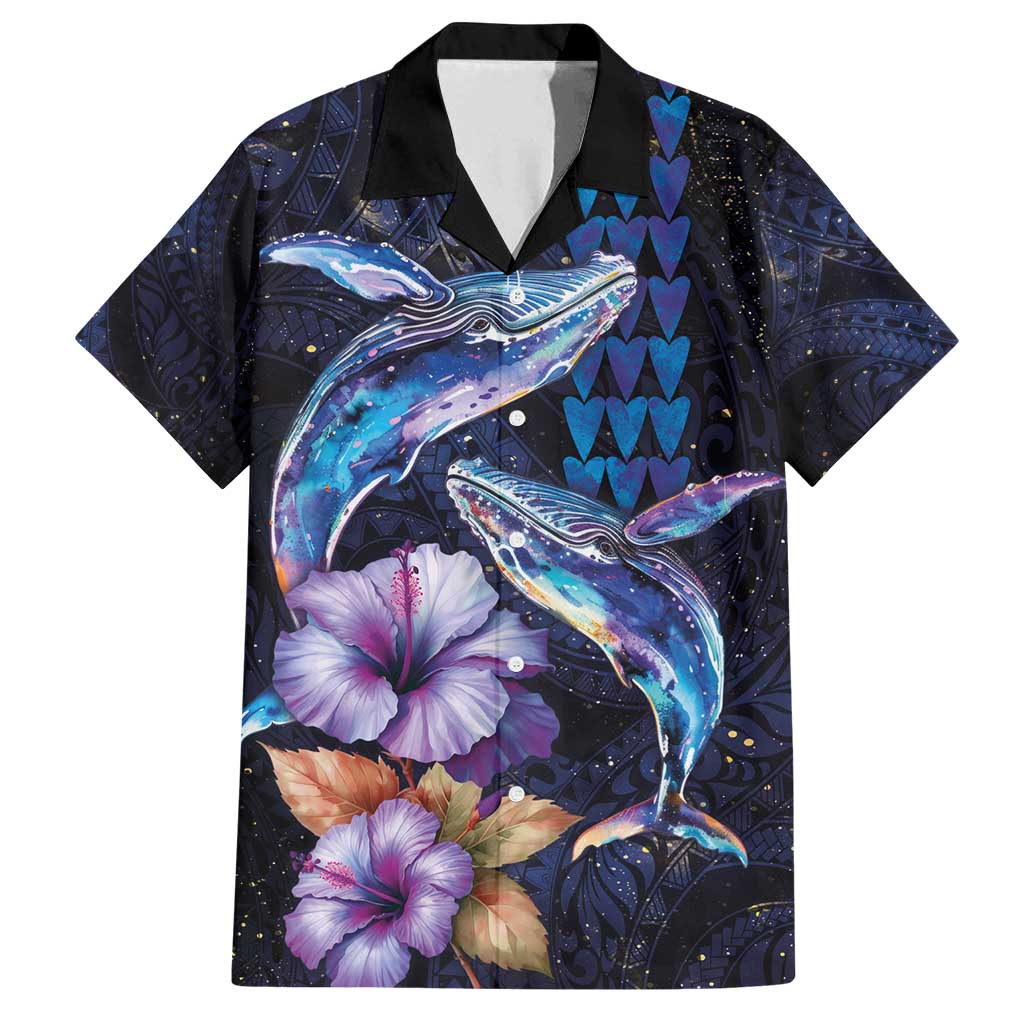 Hawaiian Whales Love Couple Family Matching Off Shoulder Maxi Dress and Hawaiian Shirt Hibiscus and Kakau Art Tattoo Night Sky Vibe LT03 Dad's Shirt - Short Sleeve Navy - Polynesian Pride