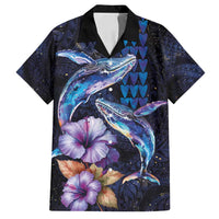 Hawaiian Whales Love Couple Family Matching Off Shoulder Maxi Dress and Hawaiian Shirt Hibiscus and Kakau Art Tattoo Night Sky Vibe LT03 Dad's Shirt - Short Sleeve Navy - Polynesian Pride