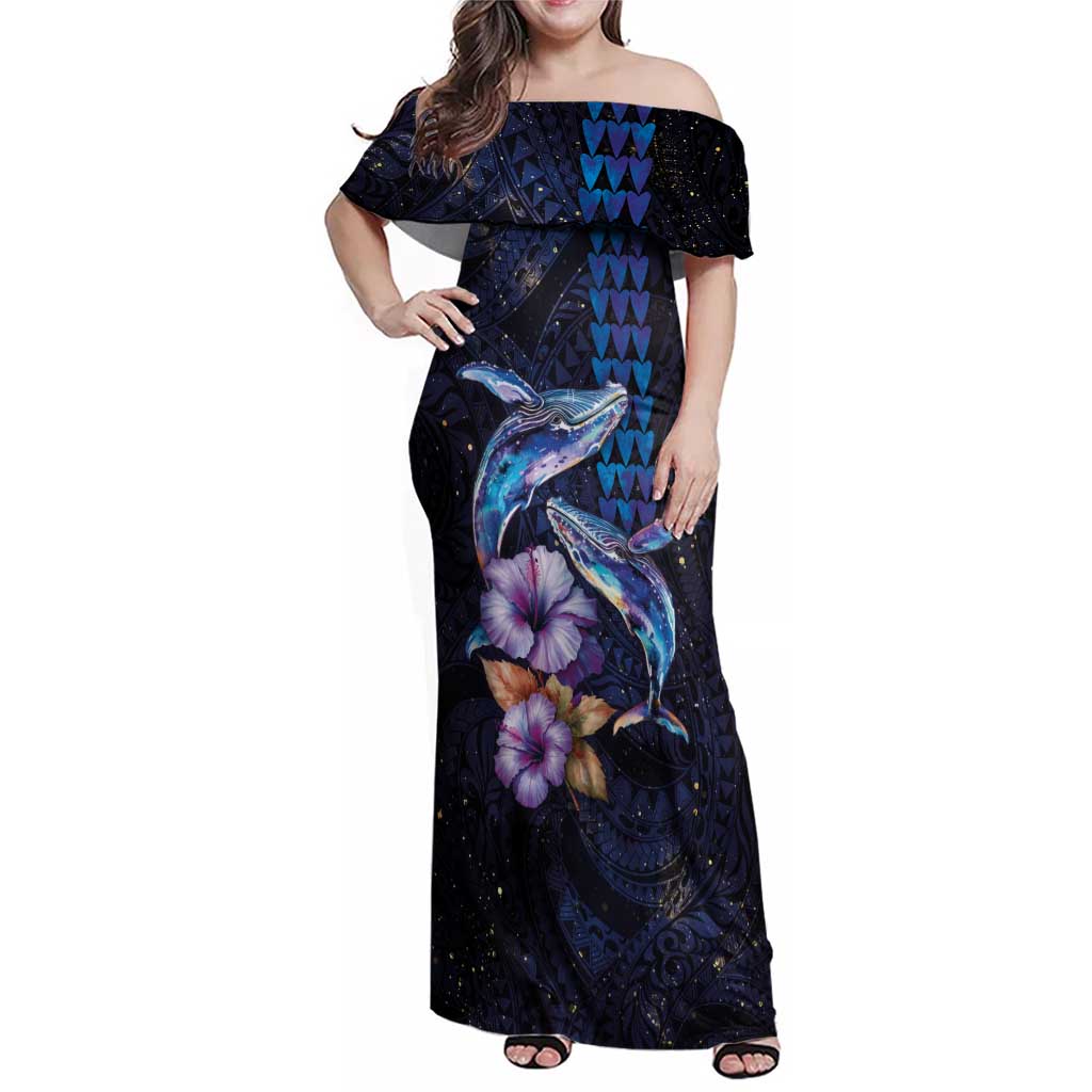 Hawaiian Whales Love Couple Family Matching Off Shoulder Maxi Dress and Hawaiian Shirt Hibiscus and Kakau Art Tattoo Night Sky Vibe LT03 Mom's Dress Navy - Polynesian Pride
