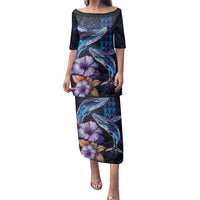Hawaiian Whales Love Couple Family Matching Puletasi and Hawaiian Shirt Hibiscus and Kakau Art Tattoo Night Sky Vibe LT03 Mom's Dress Navy - Polynesian Pride