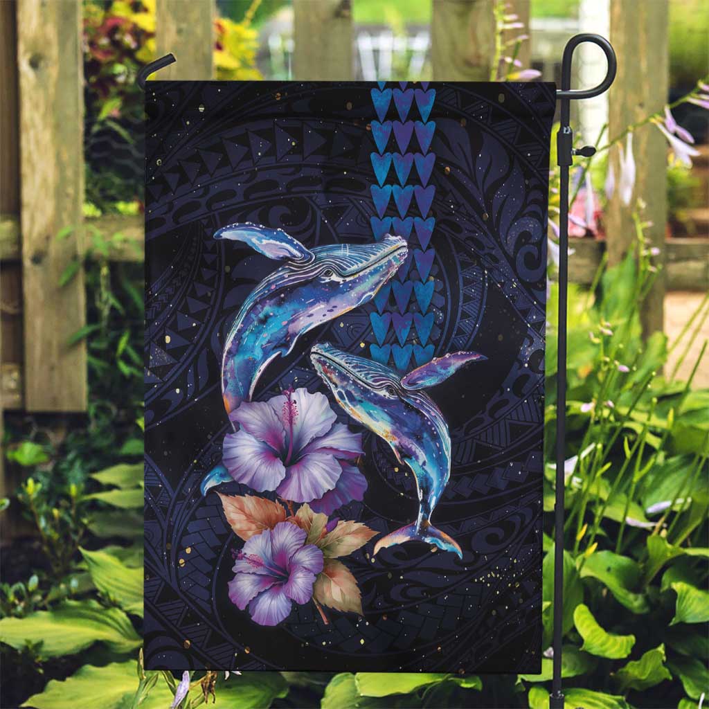 Hawaiian Whales Love Couple Garden Flag Hibiscus and Kakau Art Tattoo Night Sky Vibe LT03 Garden Flag Navy - Polynesian Pride