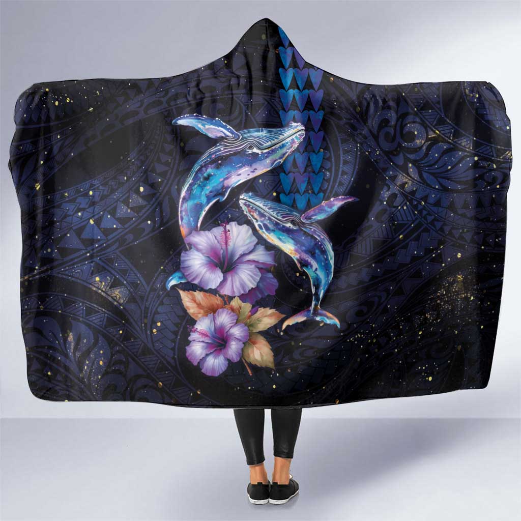 Hawaiian Whales Love Couple Hooded Blanket Hibiscus and Kakau Art Tattoo Night Sky Vibe LT03 One Size Navy - Polynesian Pride