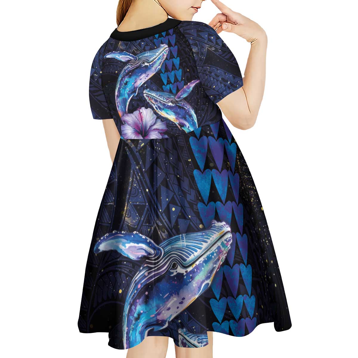 Hawaiian Whales Love Couple Kid Short Sleeve Dress Hibiscus and Kakau Art Tattoo Night Sky Vibe LT03 - Polynesian Pride
