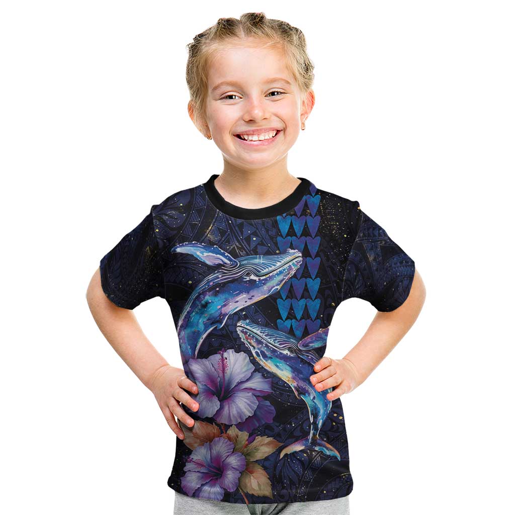 Hawaiian Whales Love Couple Kid T Shirt Hibiscus and Kakau Art Tattoo Night Sky Vibe LT03 Navy - Polynesian Pride