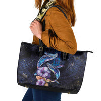 Hawaiian Whales Love Couple Leather Tote Bag Hibiscus and Kakau Art Tattoo Night Sky Vibe LT03 Navy - Polynesian Pride