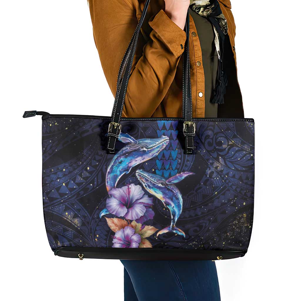 Hawaiian Whales Love Couple Leather Tote Bag Hibiscus and Kakau Art Tattoo Night Sky Vibe LT03 - Polynesian Pride