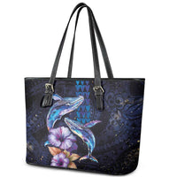 Hawaiian Whales Love Couple Leather Tote Bag Hibiscus and Kakau Art Tattoo Night Sky Vibe LT03 - Polynesian Pride