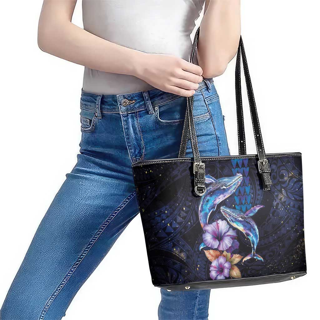 Hawaiian Whales Love Couple Leather Tote Bag Hibiscus and Kakau Art Tattoo Night Sky Vibe LT03 - Polynesian Pride