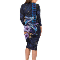 Hawaiian Whales Love Couple Long Sleeve Bodycon Dress Hibiscus and Kakau Art Tattoo Night Sky Vibe LT03 - Polynesian Pride
