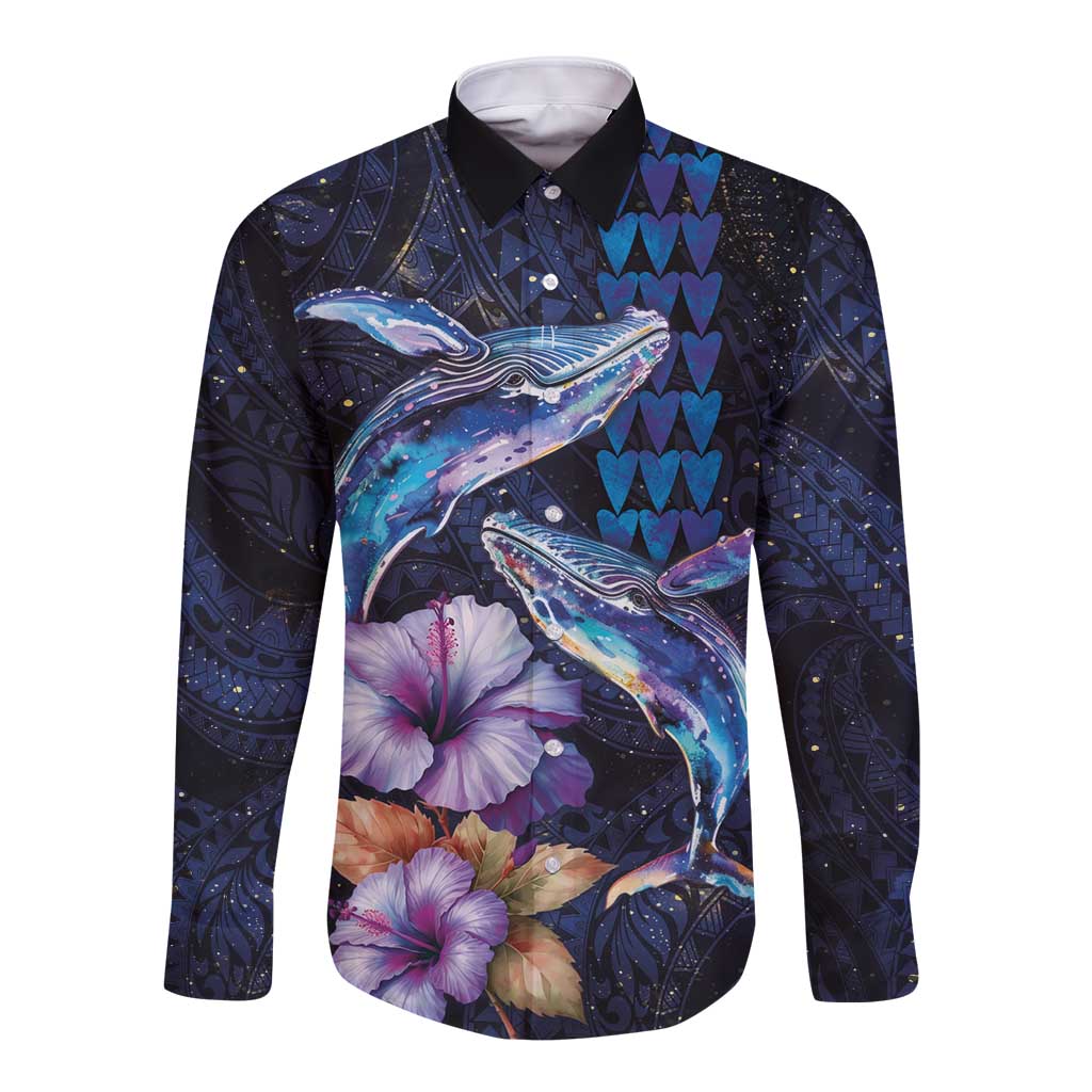Hawaiian Whales Love Couple Long Sleeve Button Shirt Hibiscus and Kakau Art Tattoo Night Sky Vibe LT03 Unisex Navy - Polynesian Pride