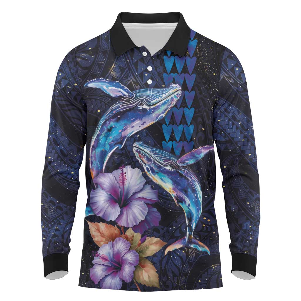 Hawaiian Whales Love Couple Long Sleeve Polo Shirt Hibiscus and Kakau Art Tattoo Night Sky Vibe LT03 Navy - Polynesian Pride