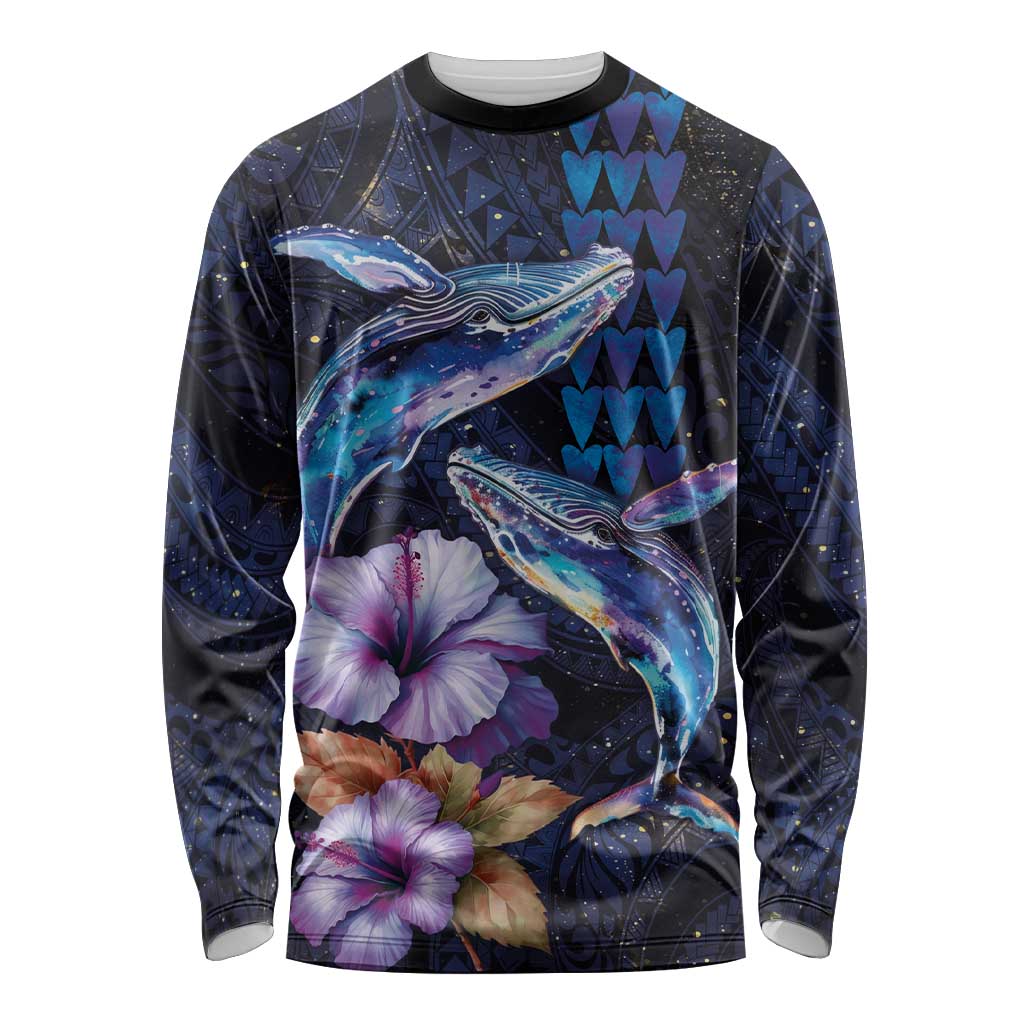 Hawaiian Whales Love Couple Long Sleeve Shirt Hibiscus and Kakau Art Tattoo Night Sky Vibe LT03 Unisex Navy - Polynesian Pride