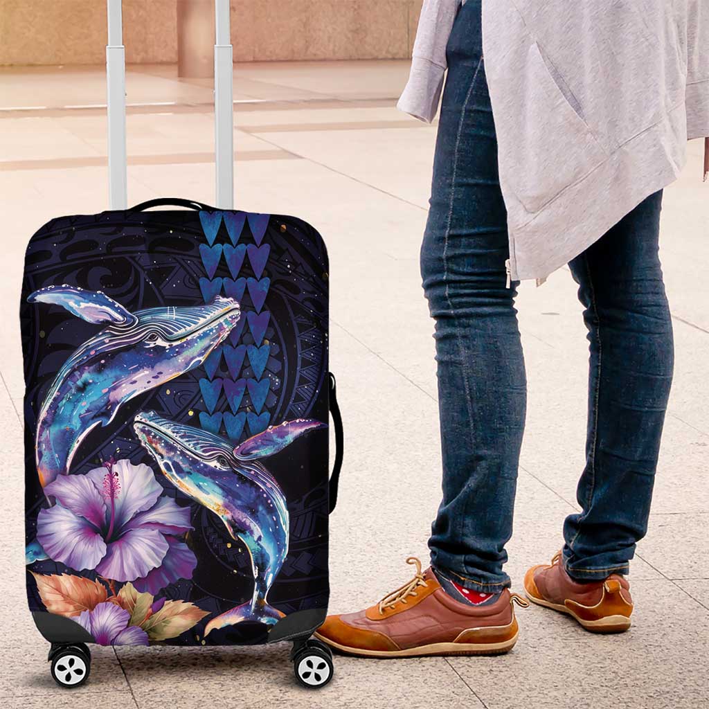 Hawaiian Whales Love Couple Luggage Cover Hibiscus and Kakau Art Tattoo Night Sky Vibe LT03 Navy - Polynesian Pride
