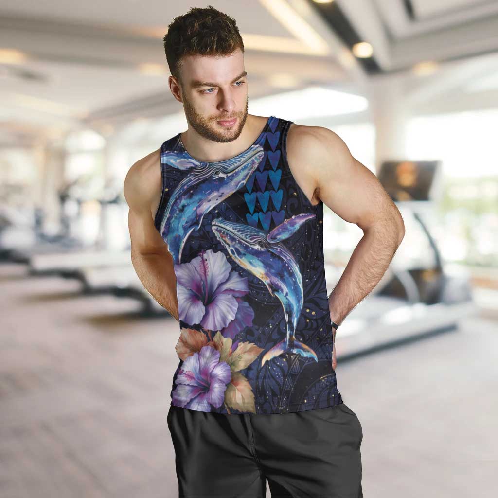 Hawaiian Whales Love Couple Men Tank Top Hibiscus and Kakau Art Tattoo Night Sky Vibe LT03 Navy - Polynesian Pride