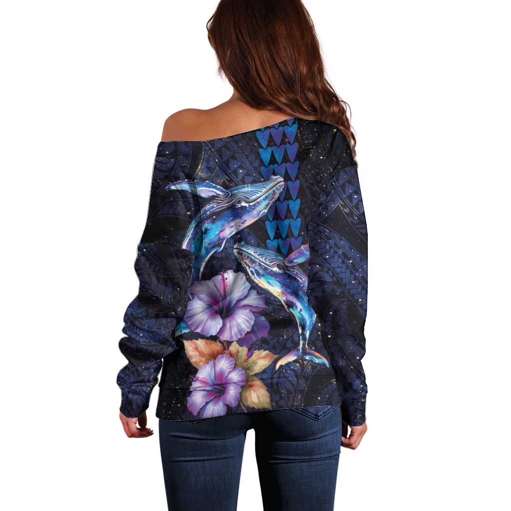Hawaiian Whales Love Couple Off Shoulder Sweater Hibiscus and Kakau Art Tattoo Night Sky Vibe LT03 - Polynesian Pride