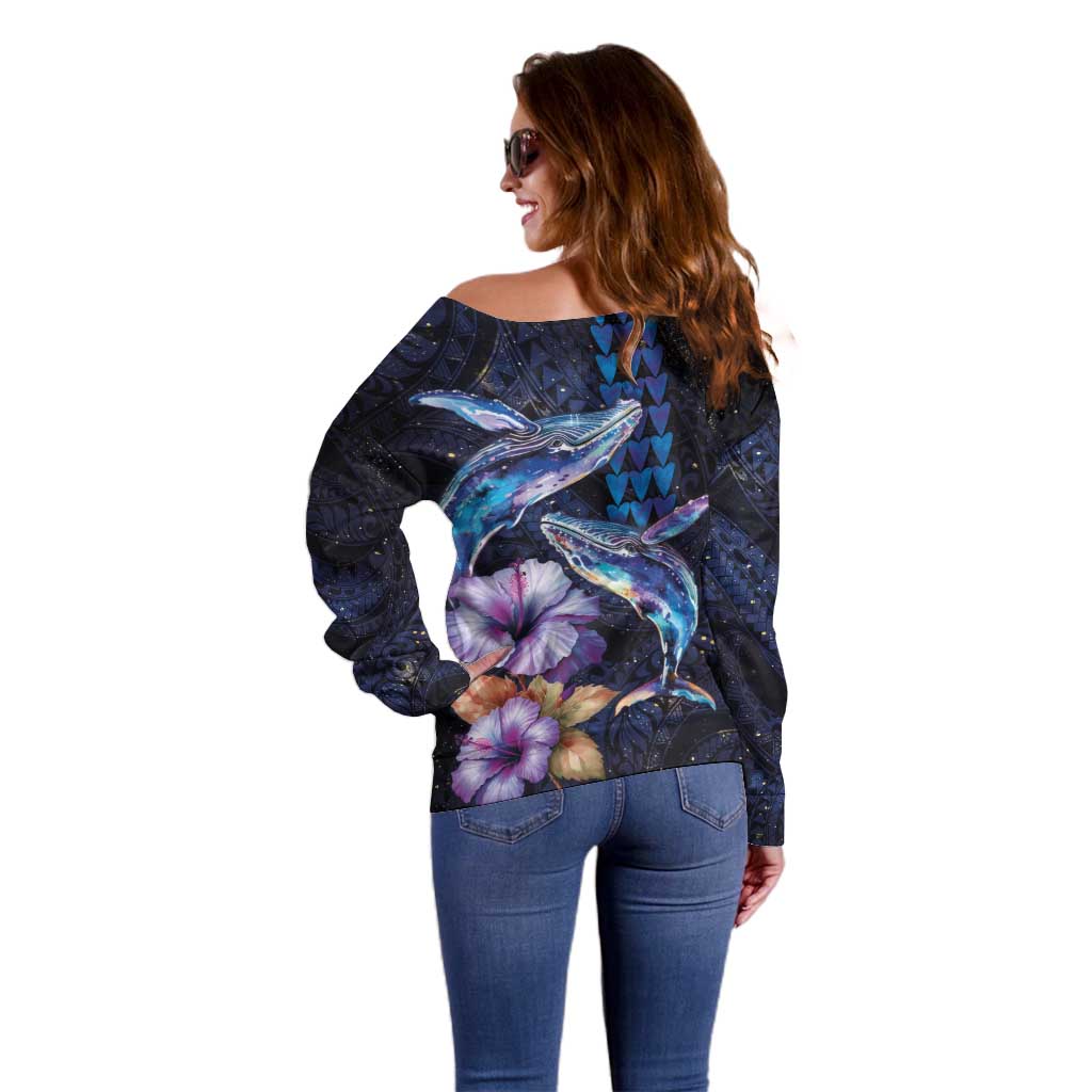 Hawaiian Whales Love Couple Off Shoulder Sweater Hibiscus and Kakau Art Tattoo Night Sky Vibe LT03 - Polynesian Pride