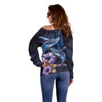 Hawaiian Whales Love Couple Off Shoulder Sweater Hibiscus and Kakau Art Tattoo Night Sky Vibe LT03 - Polynesian Pride