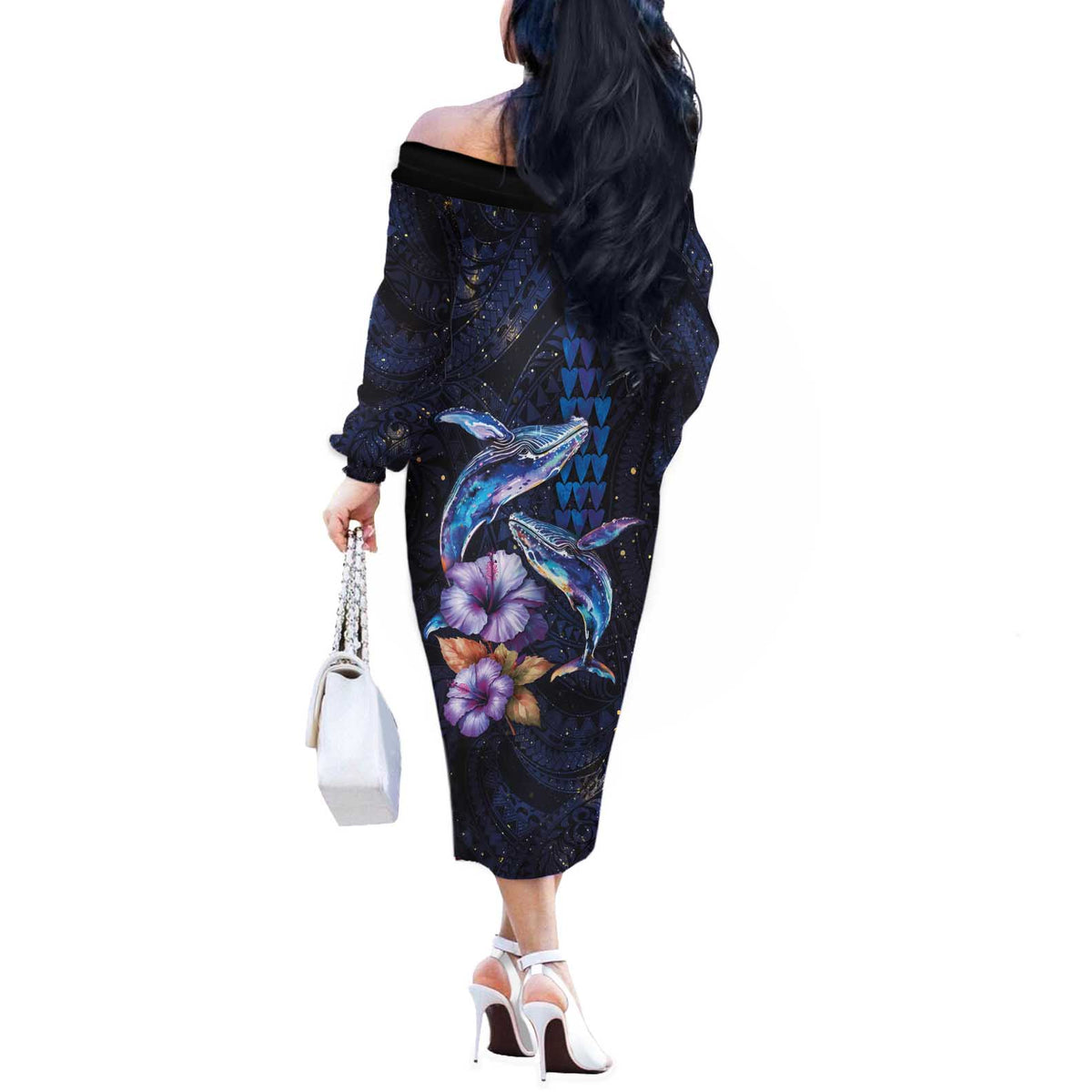 Hawaiian Whales Love Couple Off The Shoulder Long Sleeve Dress Hibiscus and Kakau Art Tattoo Night Sky Vibe LT03 - Polynesian Pride