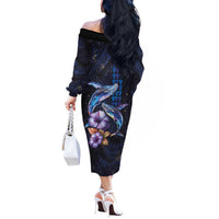 Hawaiian Whales Love Couple Off The Shoulder Long Sleeve Dress Hibiscus and Kakau Art Tattoo Night Sky Vibe LT03 - Polynesian Pride
