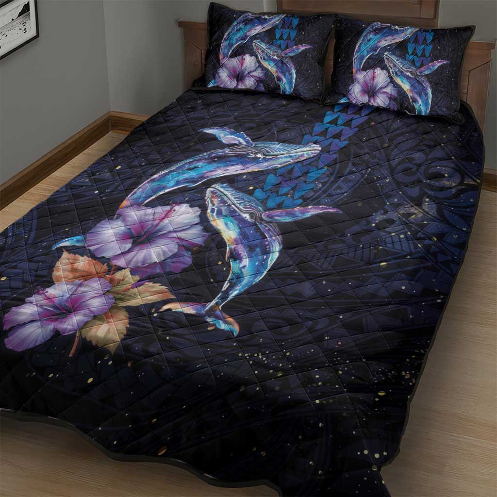 Hawaiian Whales Love Couple Quilt Bed Set Hibiscus and Kakau Art Tattoo Night Sky Vibe LT03 - Polynesian Pride