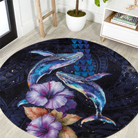 Hawaiian Whales Love Couple Round Carpet Hibiscus and Kakau Art Tattoo Night Sky Vibe LT03 Navy - Polynesian Pride
