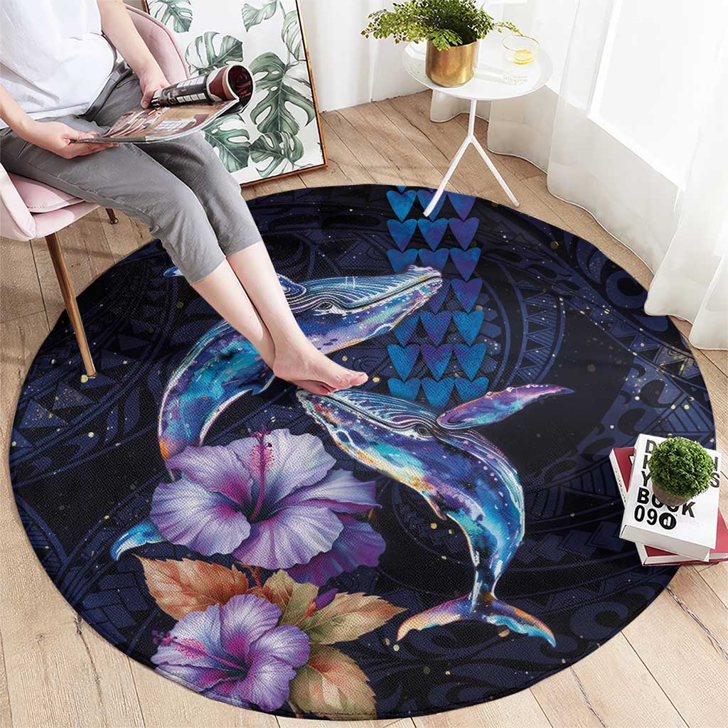 Hawaiian Whales Love Couple Round Carpet Hibiscus and Kakau Art Tattoo Night Sky Vibe LT03 - Polynesian Pride