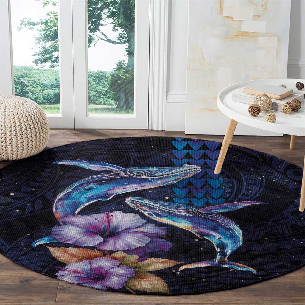 Hawaiian Whales Love Couple Round Carpet Hibiscus and Kakau Art Tattoo Night Sky Vibe LT03 - Polynesian Pride