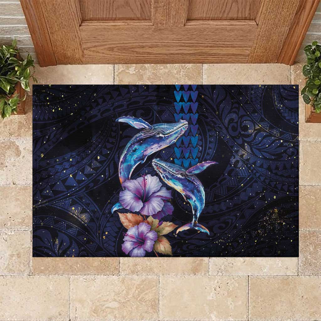 Hawaiian Whales Love Couple Rubber Doormat Hibiscus and Kakau Art Tattoo Night Sky Vibe LT03 Navy - Polynesian Pride