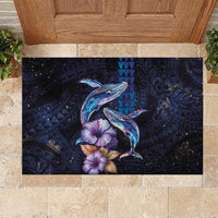 Hawaiian Whales Love Couple Rubber Doormat Hibiscus and Kakau Art Tattoo Night Sky Vibe LT03 Navy - Polynesian Pride