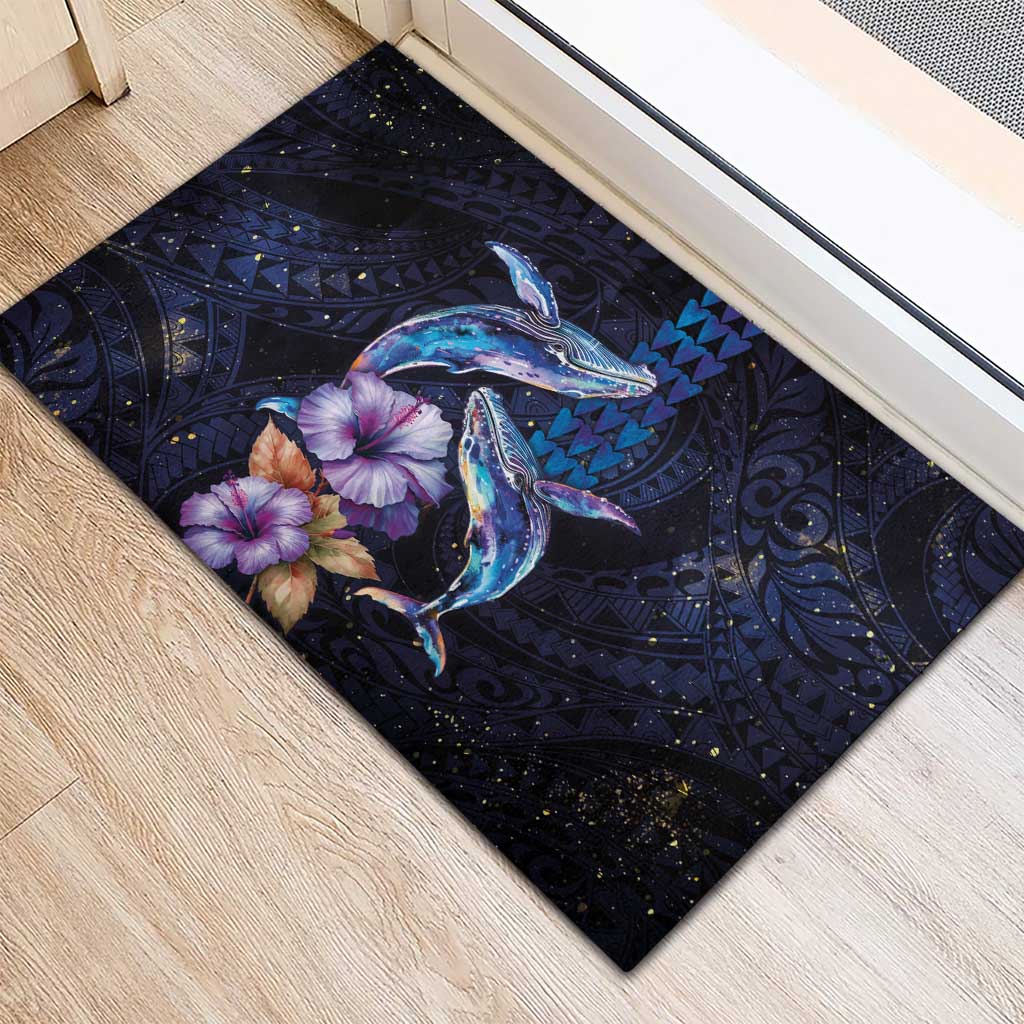 Hawaiian Whales Love Couple Rubber Doormat Hibiscus and Kakau Art Tattoo Night Sky Vibe LT03 - Polynesian Pride