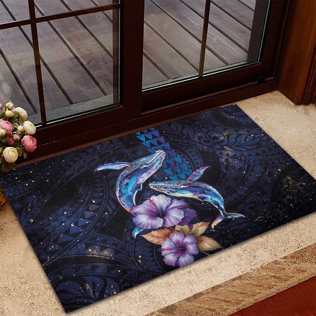Hawaiian Whales Love Couple Rubber Doormat Hibiscus and Kakau Art Tattoo Night Sky Vibe LT03 - Polynesian Pride