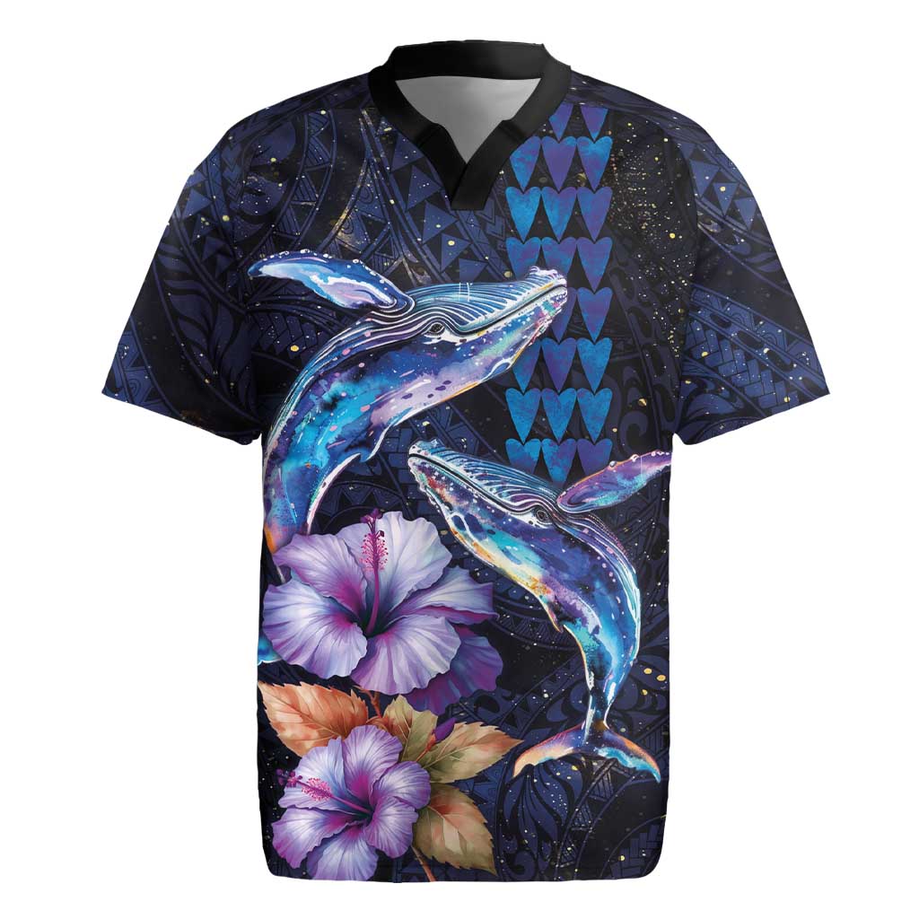 Hawaiian Whales Love Couple Rugby Jersey Hibiscus and Kakau Art Tattoo Night Sky Vibe LT03 Navy - Polynesian Pride