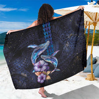 Hawaiian Whales Love Couple Sarong Hibiscus and Kakau Art Tattoo Night Sky Vibe LT03 One Size 44 x 66 inches Navy - Polynesian Pride