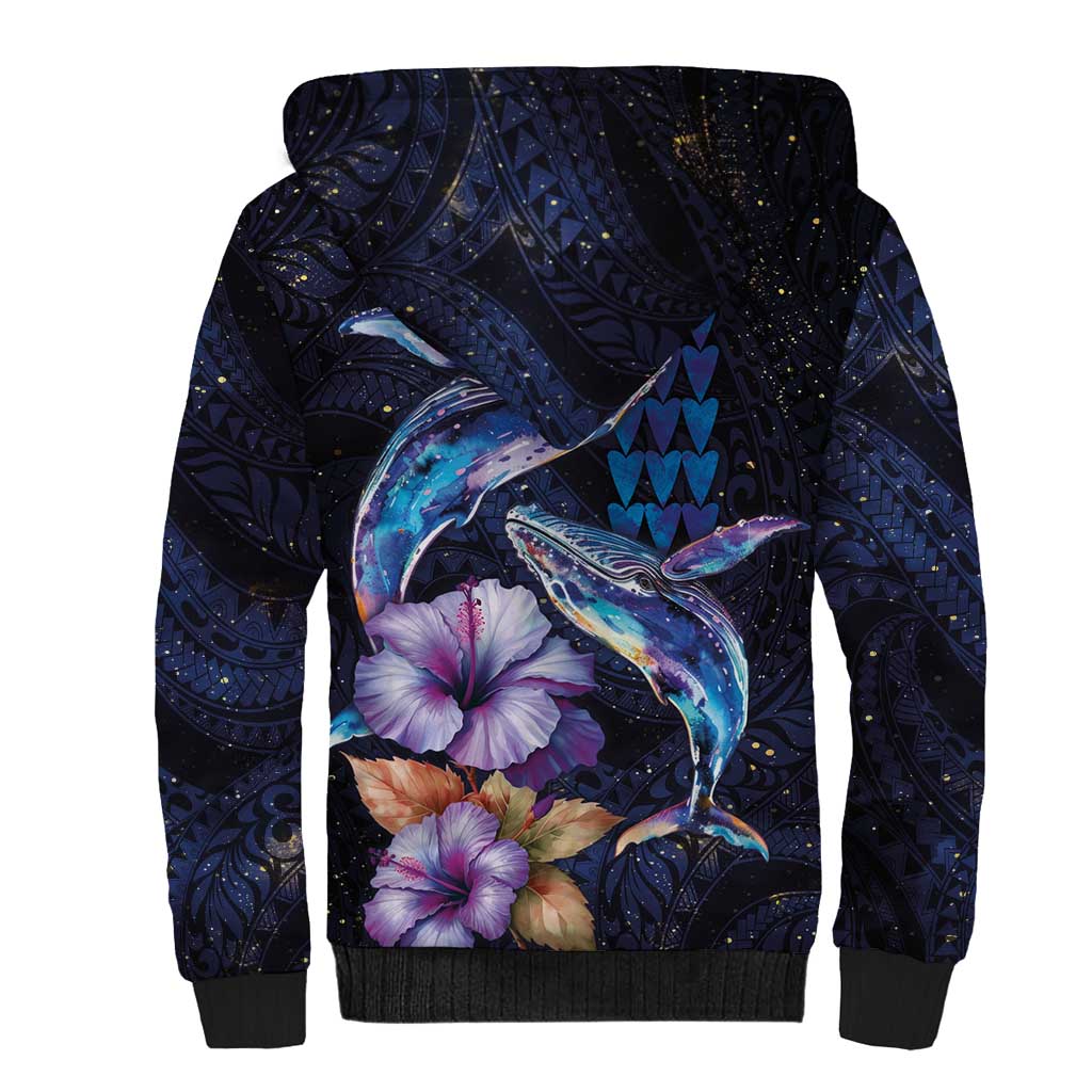 Hawaiian Whales Love Couple Sherpa Hoodie Hibiscus and Kakau Art Tattoo Night Sky Vibe LT03 - Polynesian Pride