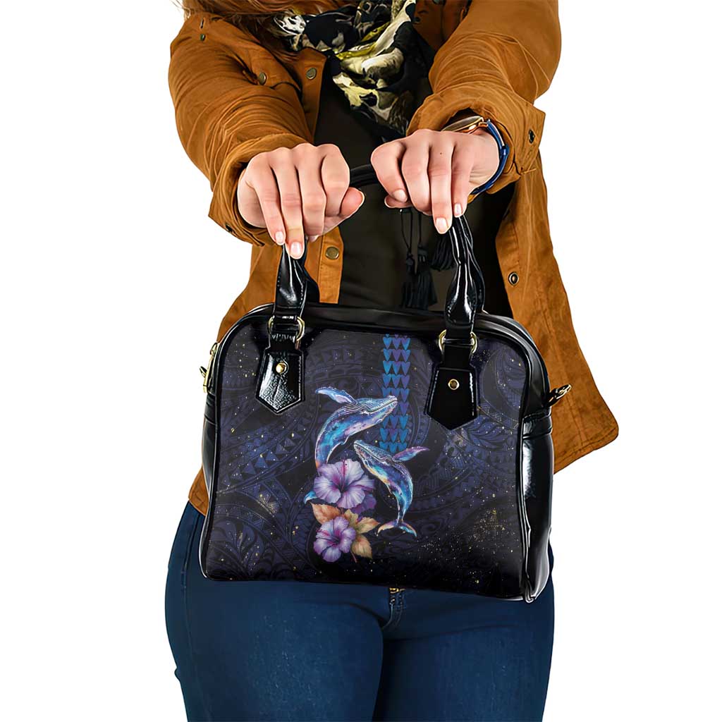 Hawaiian Whales Love Couple Shoulder Handbag Hibiscus and Kakau Art Tattoo Night Sky Vibe LT03 One Size Navy - Polynesian Pride