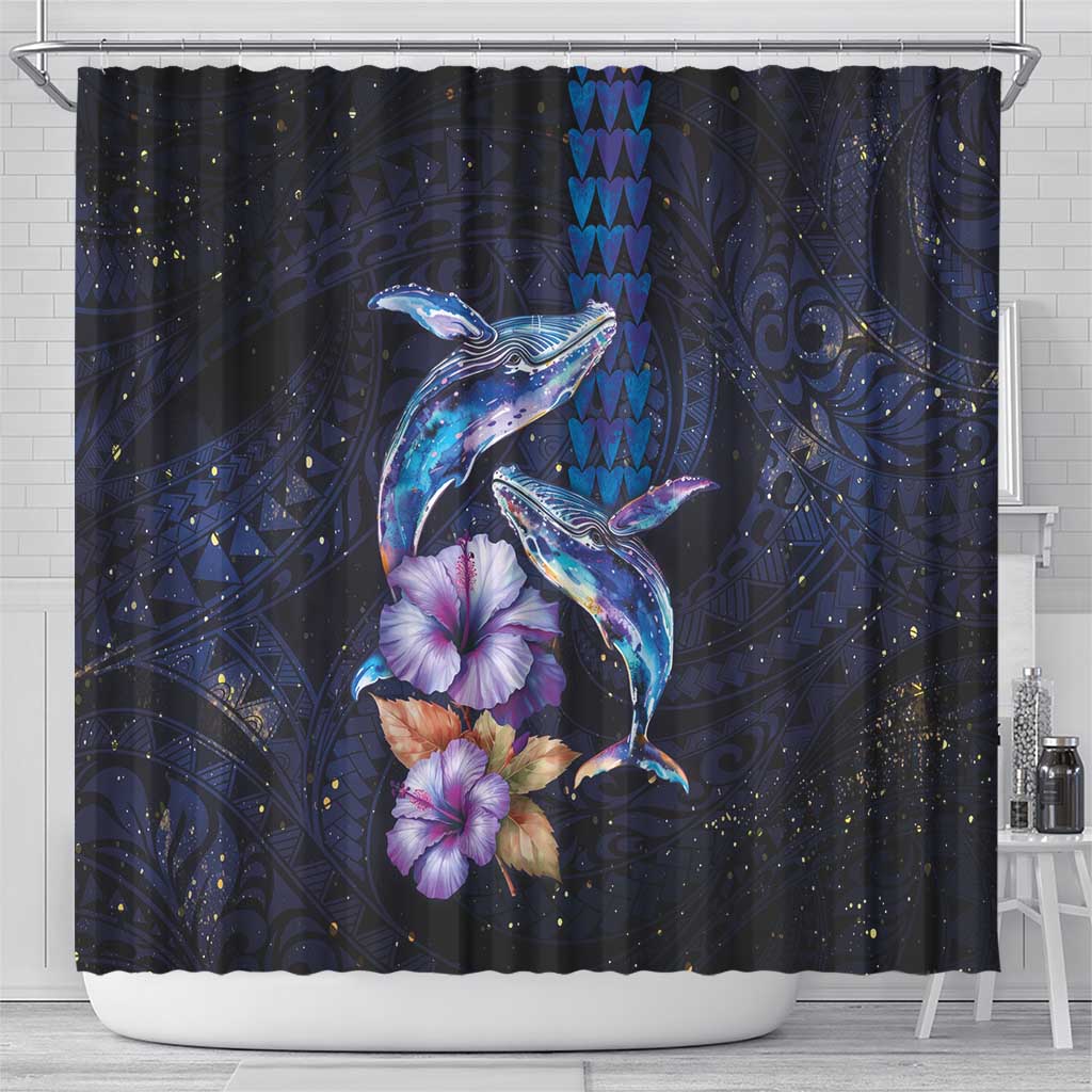 Hawaiian Whales Love Couple Shower Curtain Hibiscus and Kakau Art Tattoo Night Sky Vibe LT03 - Polynesian Pride