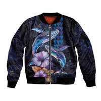 Hawaiian Whales Love Couple Sleeve Zip Bomber Jacket Hibiscus and Kakau Art Tattoo Night Sky Vibe LT03 Unisex Navy - Polynesian Pride