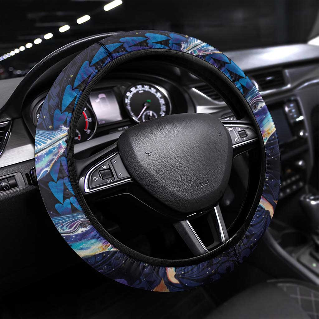 Hawaiian Whales Love Couple Steering Wheel Cover Hibiscus and Kakau Art Tattoo Night Sky Vibe LT03 Universal Fit Navy - Polynesian Pride
