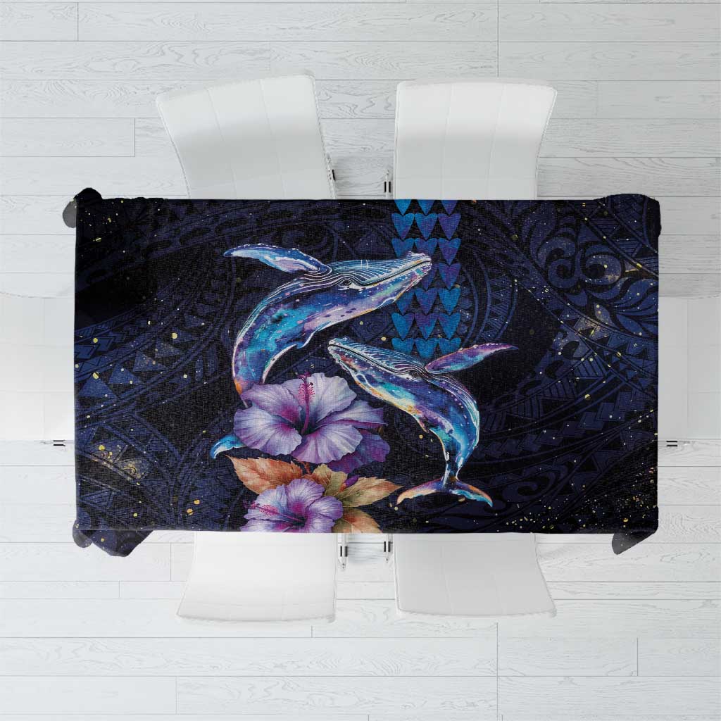 Hawaiian Whales Love Couple Tablecloth Hibiscus and Kakau Art Tattoo Night Sky Vibe LT03 Navy - Polynesian Pride